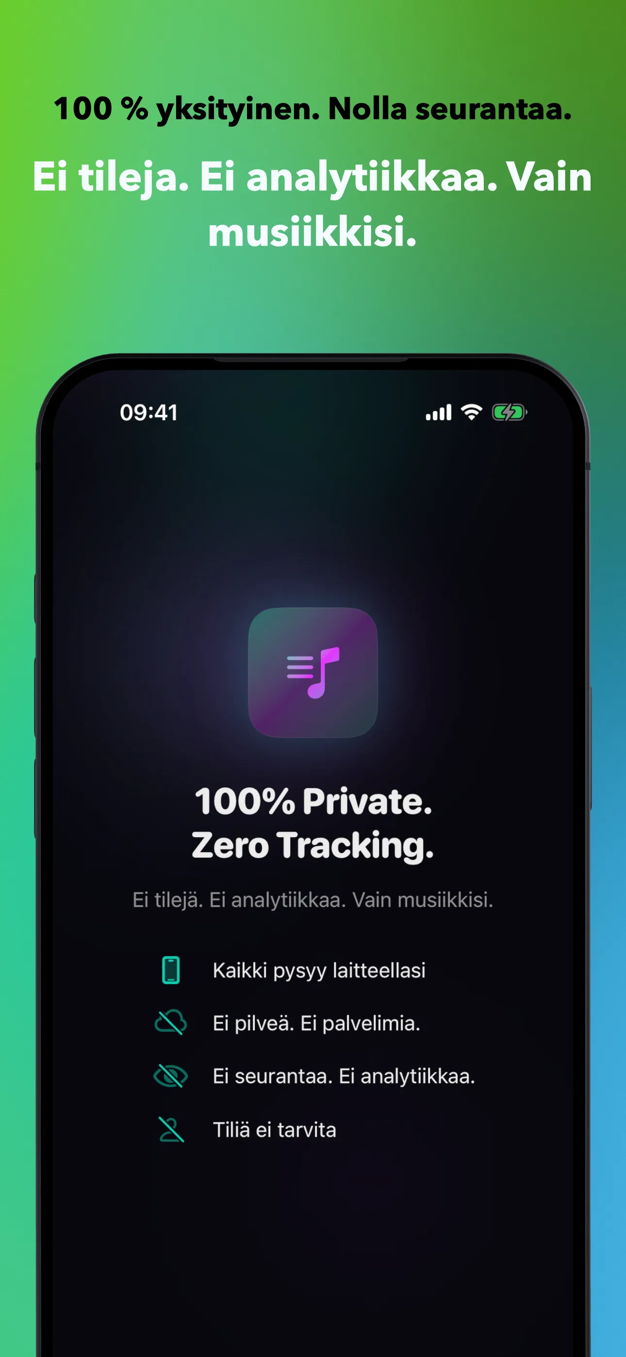 100 % yksityinen. Nolla seurantaa.
