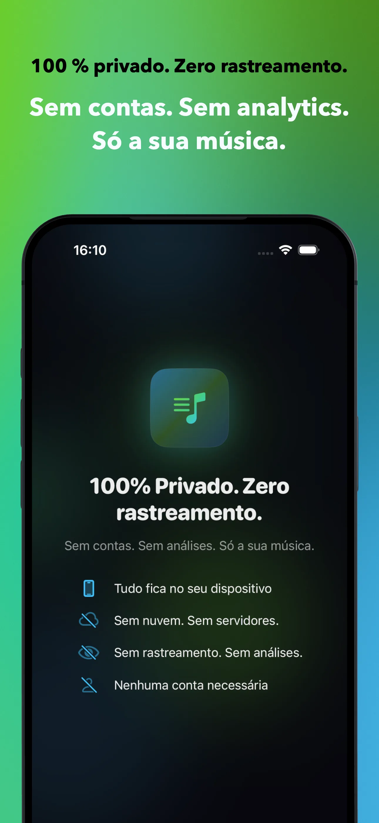 100 % privado. Zero rastreamento.